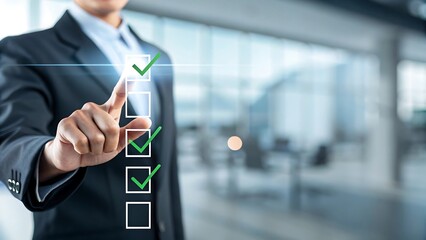Businessman Touching Virtual Checklist – Task Management, Goal Setting, and Productivity Concept