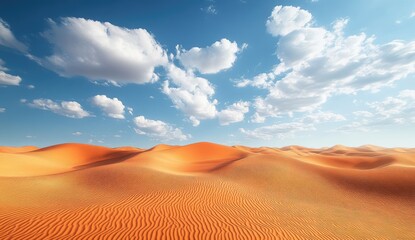 Vast desert landscape under a vibrant blue sky.  Rolling dunes stretch to the horizon, dotted with soft, orange sand ripples.  Fluffy white clouds drift lazily across a brilliant azure sky
