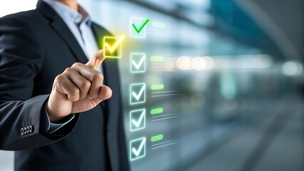 Businessman Touching Virtual Checklist – Task Management, Goal Setting, and Productivity Concept