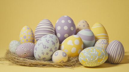 Pastel-colored Easter eggs in a straw nest against a yellow background, symbolizing spring, new life, and celebration