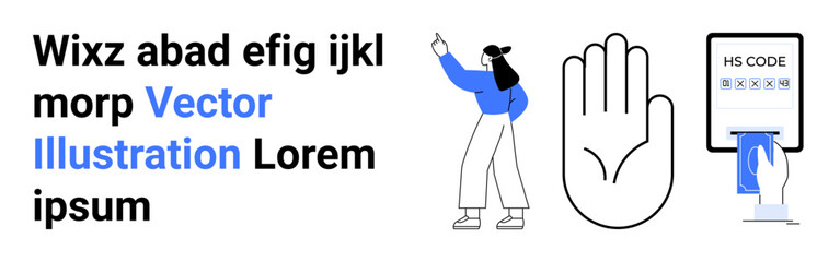 Woman gesturing upward, outlined raised hand, HS code scanner on white card reader. Ideal for information, scanning, gestures, technology, permissions, education simple landing page