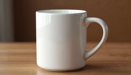 Simple white ceramic mug on wooden table. Empty tea cup, coffee cup for morning drink. Blank surface for branding, logo, design mockup. Cafe, coffee shop concept.