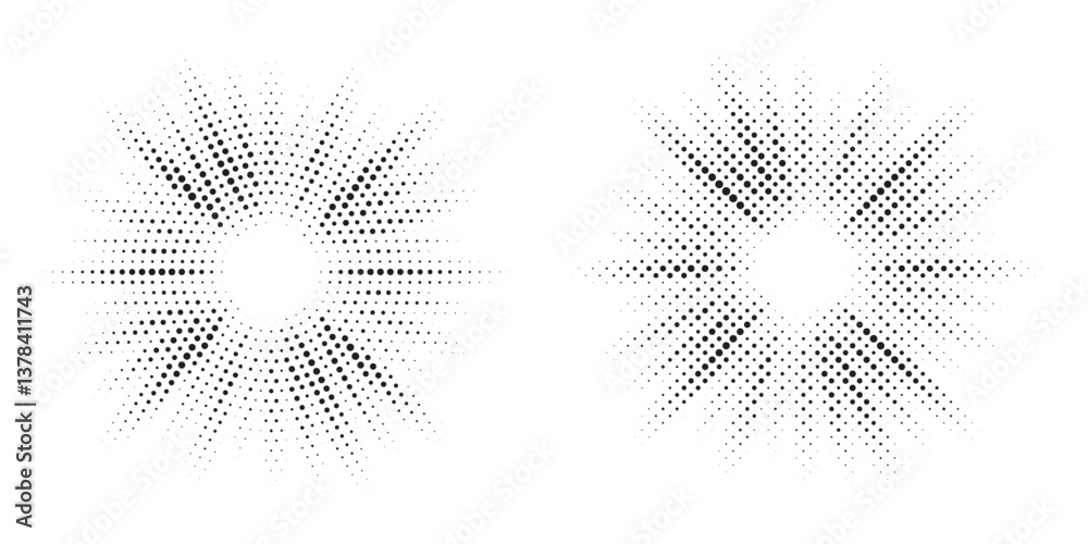 Aufkleber Halftone Background. Glowing light Halftone effect. Abstract grunge Starburst halftone dots background set. Star Flare, Shine light halftone texture. Retro background, pop art style.