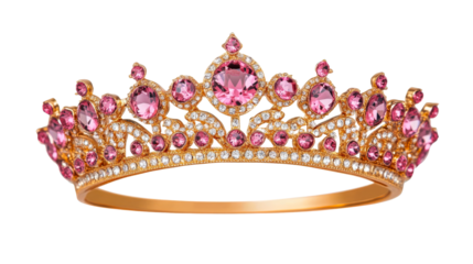 Golden crown with pink gems, luxury jewelry, elegance, beauty, cut out transparent