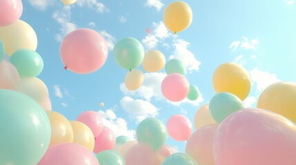 Colorful balloons floating against a soft blue sky
