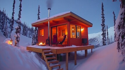 A cozy illuminated cabin nestled within a snowy winter landscape