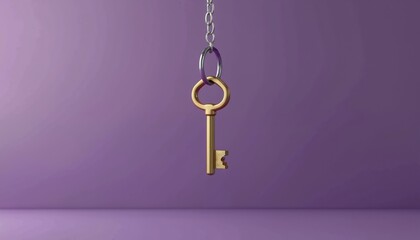 Single golden key with silver ring against purple background. The key symbolizes access security. Concept of home unlocking privacy. This photo perfect for business opportunities.