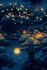 Seamless pattern with enchanted forest with glowing flowers and fireflies under a full moon at night