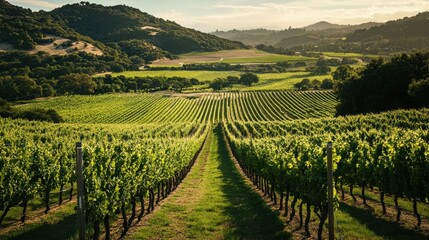 Vineyard Vista: Expansive rows of grapevines stretch towards the rolling hills, bathed in the warm, golden light of a beautiful day, promising a bountiful harvest.