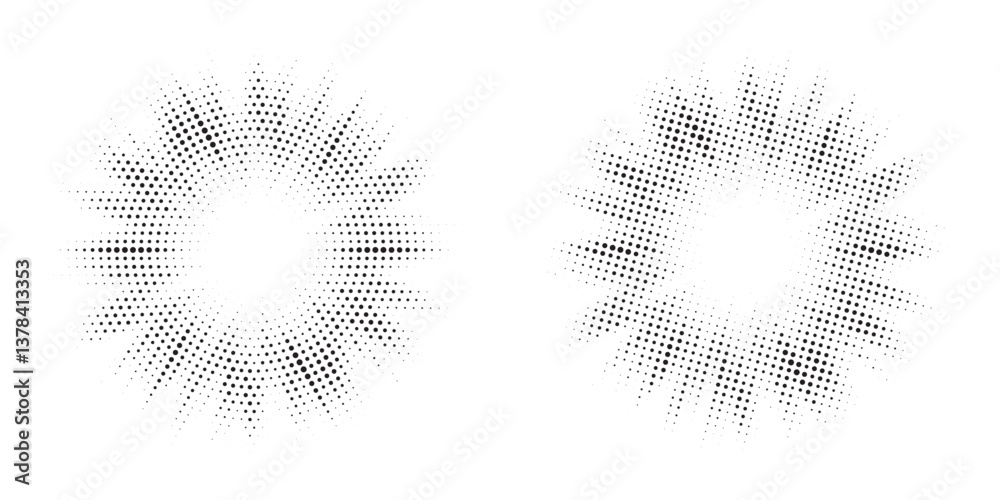 Poster Halftone Background. Glowing light Halftone effect. Abstract grunge Starburst halftone dots background set. Star Flare, Shine light halftone texture. Retro background, pop art style.