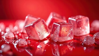 Close-up of ice cubes in bubbly soda, red backdrop, banner, advertising, ice cold