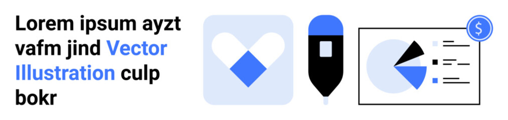 Heart-shaped icon, modern pen, and data pie chart with financial tab. Ideal for business analytics, finance, healthcare, data visualization, marketing, education presentations simple landing page