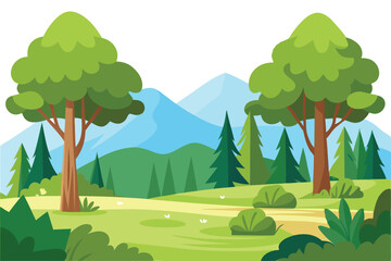 Obraz premium Cartoon Woodland Scenery, Nature Background, Green Meadow, Blue Mountains