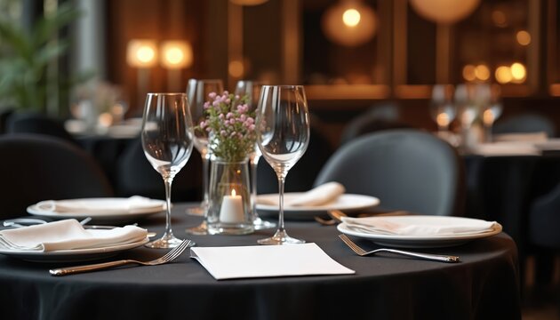 Luxury fine dining table setting. Romantic dinner wedding menu invitation mockup. Elegant table setting, glasses plates, floral decor candle. Empty card space. Upscale design decor.