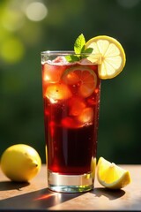 Elegant black lemonade in glass, sunlit table, table, table setting, illuminated