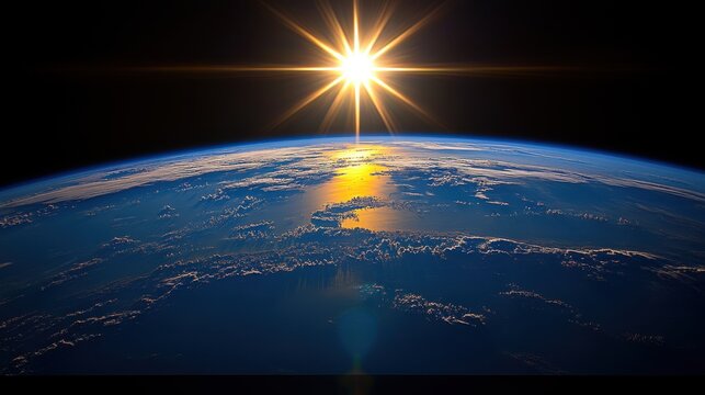 A mesmerizing Earth-from-space view showing a densely populated city below, with the sun shining brightly in the top-right corner, casting a warm light on the cityscape.