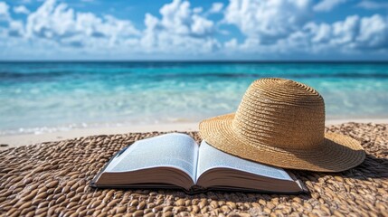 Seaside Reading: An open book and sun hat rest on a woven surface overlooking the calm, turquoise sea, with a sky dotted with fluffy white clouds.