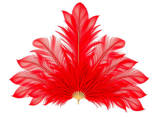 Vibrant red feather fan elegantly arranged against white background shows rich color and detailed texture. AI Generated