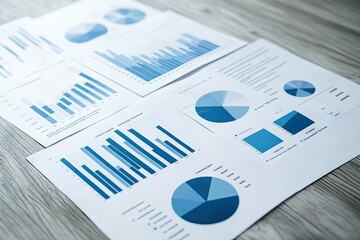 Business data analysis reports on papers.  Multiple charts and graphs, including bar graphs, pie charts, and line graphs, displaying data analysis results