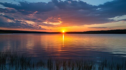 Obraz premium Sunset over serene Lake: A breathtaking panorama of a tranquil lake mirroring the vibrant colors of a sunset sky, with the sun setting on the horizon.