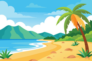 Obraz premium Colorful Beach Coastline Palm Tree Cartoon Island Scenery
