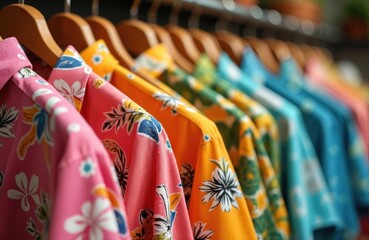 Colorful Hawaiian shirts hanging on wooden hangers. Vibrant shirts feature tropical floral motifs, embodying vacation spirit. Apparel display for summer season, beach party event or casual holiday.