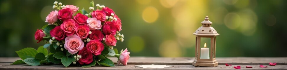 Heart-shaped floral arrangement on wooden lantern, congratulatory note , congratulations, celebratory