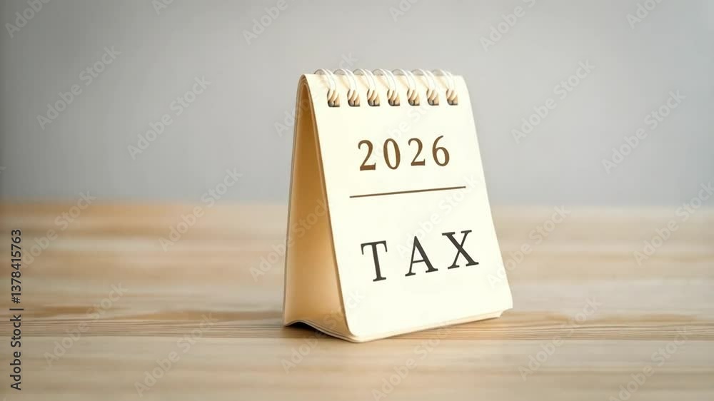 Poster stacked coins next to a tax calendar showing the year 2026 on a wooden surface in a close up shot