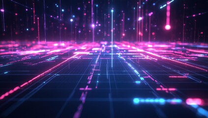 Futuristic digital network of glowing lines and points.  A dynamic display of interconnected data streams flowing through a grid-like structure, filled with vibrant neon colors