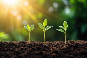 Three young sprouts emerging from soil, bathed in sunlight