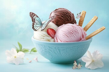 Photorealistic ice cream sundae with vanilla chocolate and strawberry in pastel blue bowl