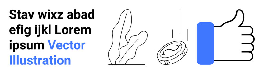 Large thumbs-up, coin symbolizing currency, abstract plant, and text elements. Ideal for success, approval, finance, business, growth positivity simple landing page