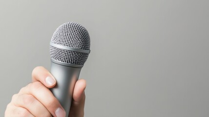 Close-up of hand holding dynamic microphone against neutral background for audio content