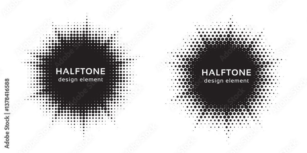 Poster Halftone circle frame background set. Round border Icon using halftone random circle. Grunge circular stain. Vector illustration.