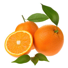 Fresh, juicy oranges with vibrant green leaves, perfect for food, beverage, or packaging design - isolated image.