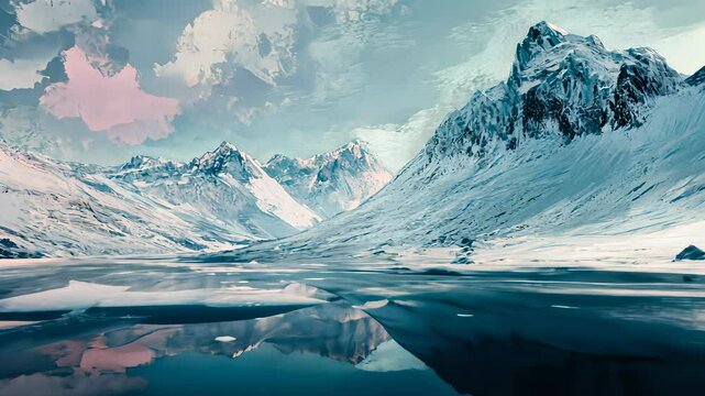 Majestic mountain landscape with serene river in a winter wonderland setting at twilight