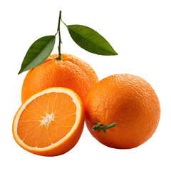 Juicy oranges with vibrant green leaves, perfect for fresh beverage and packaging design, isolated on a clean background.