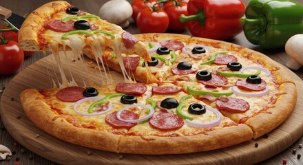 Pepperoni Pizza with Toppings and Stretchy Cheese