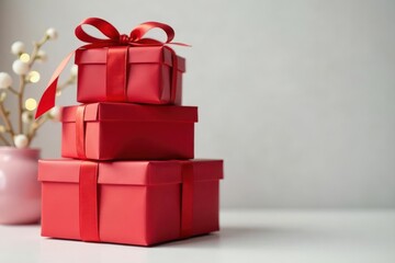 Obraz premium Stack of red & white gift boxes, ribbon detail, anniversary, event