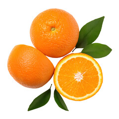 Fresh, vibrant oranges with lush green leaves, perfect for food packaging and beverage design, isolated.