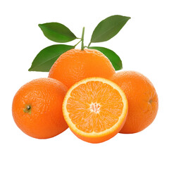 Fresh, juicy oranges with vibrant green leaves, perfect for food styling and beverage packaging design, isolated on white background.