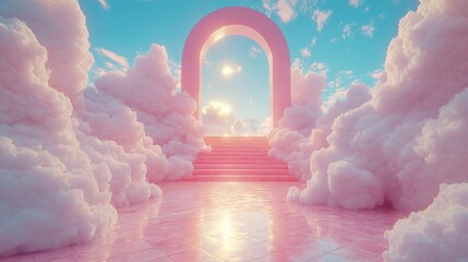 A surreal 3D render of a vibrant yellow staircase in an abstract interior.