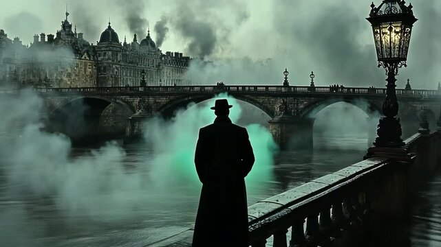 A solitary figure gazes out over a misty Parisian bridge at twilight.  Fog shrouded city at night