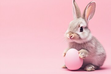 Obraz premium A sweet bunny holding a pastel pink Easter egg against a soft pink background, a symbol of springtime joy and new beginnings.