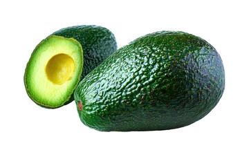 avocado halved and whole on white background