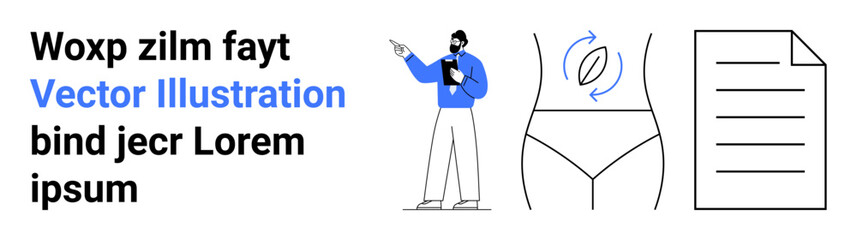 Business presenter discussing data, body wellness symbol with arrows, and document outline. Ideal for business strategies, education, healthcare, fitness, lifestyle, management simple landing page