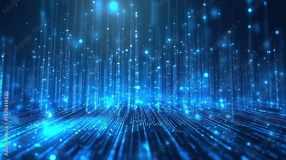 Poster Abstract blue glowing digital background with dynamic circuit lines and bokeh lights, technology and data transfer concept for cybersecurity, network connection, artificial intelligence visualization,