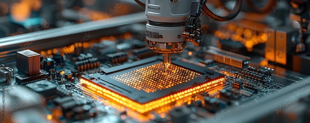 Poster robotic arms assembling a futuristic quantum computing chip in a high tech laboratory