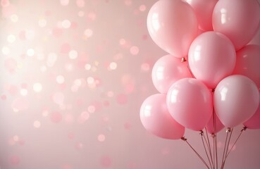 Pink balloons with bokeh lights create festive background. Celebration, party concept with tender tones. Perfect for greetings card, web banner, wallpaper. Birthday, anniversary, baby shower festive