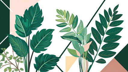 A flat vector illustration of a lush foliage plant, its broad leaves elegantly arranged in a simple yet stylish composition. The clean lines and soft color palette 